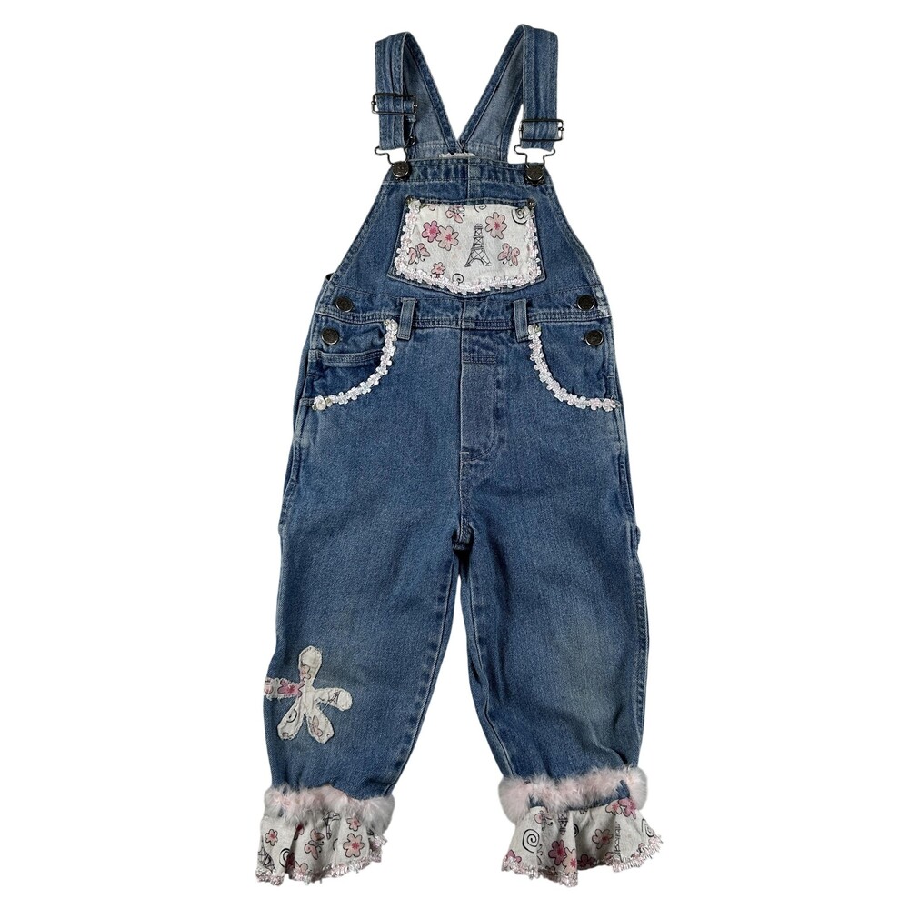 Vintage Paris Floral Denim Overalls Toddler Girls 4T Faux Fur Trim USA Made Boho